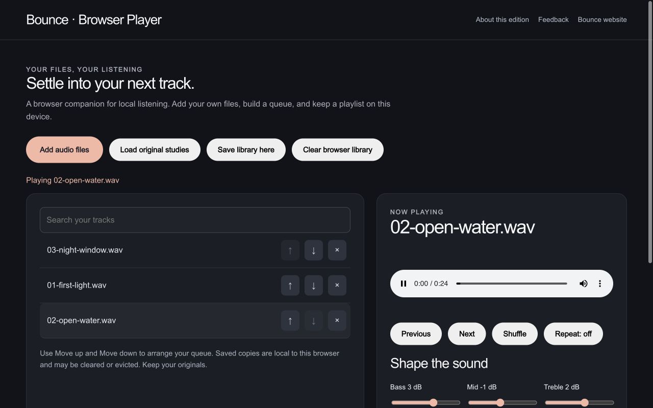 Open Water plays from a collection of three original 24-second studies. Bass is +3 dB, mid −1 dB and treble +2 dB.