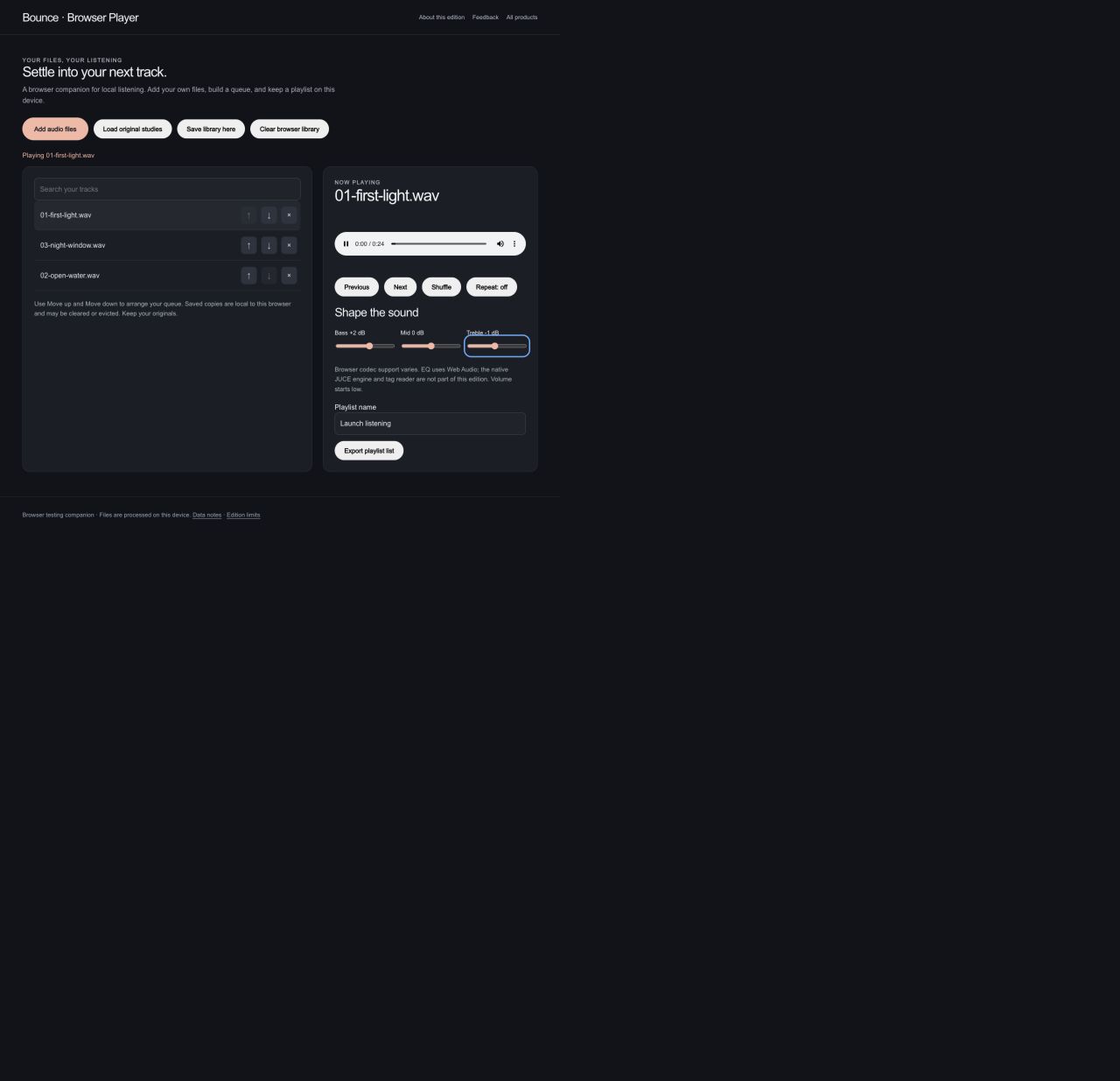 Bounce: Make it your sound. Adjust bass and treble while listening.